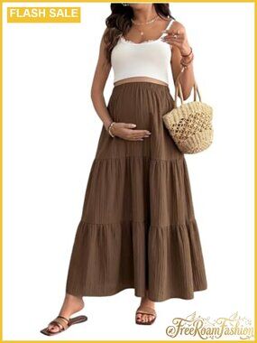 Maternity Ruffle Hem Maxi Skirt Floral High Waist A-Line Tiered Boho